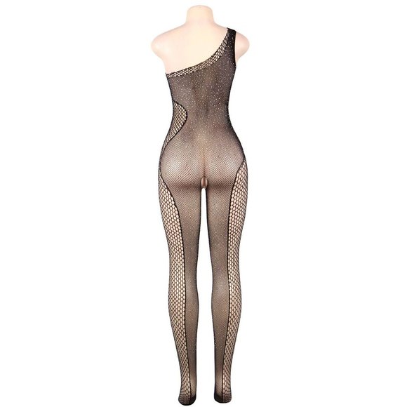 Black Fishnet Diamonds One-shoulder Bodystocking - Picture 9 of 12